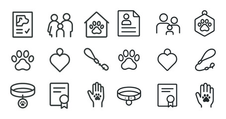 Pet adoption linear icons set – outline, silhouette, animal welfare and care symbols