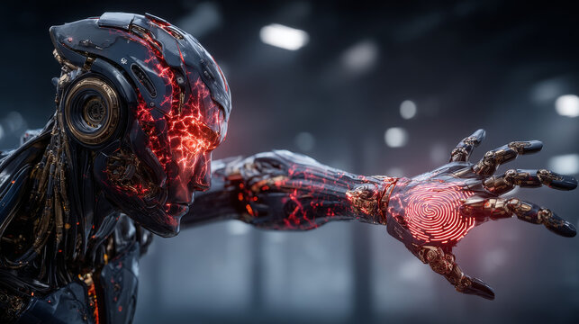 Biometrics integration, Hands of robot hold biometric authentication systems, identity verification, access control, security management, data protection, and biometric analysis technology.