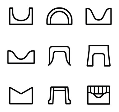 Concrete Drainage Icons. Outline icon set of curved concrete drainage elements: channel drain, culvert arch, spillway curve, swale