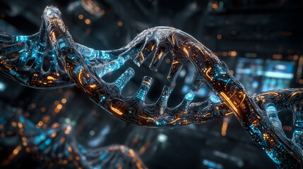 DNA strand analysis. medicine technology concept. research of genetic molecular helix. Data Scientist in medicine. Dna sequencing. Medical tech interface with data of patient. Dna spiral genome exam.