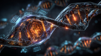 DNA strand analysis. medicine technology concept. research of genetic molecular helix. Data Scientist in medicine. Dna sequencing. Medical tech interface with data of patient. Dna spiral genome exam.