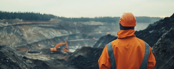 Quarry worker in protective gear observes vast open-pit mine