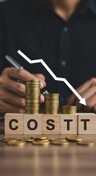 Conceptual image illustrating cost reduction strategy with decreasing coin stacks