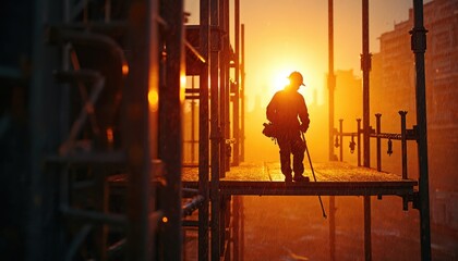 Silhouette construction worker on scaffold platform in rain at sunset. Hardworking man with helmet, standing on construction site. Dusk dramatic sky with golden light, heavy rain drops, industrial