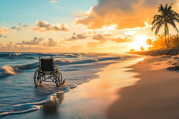 Sunlit beach with accessible chairs and pathways, waves lapping the shore