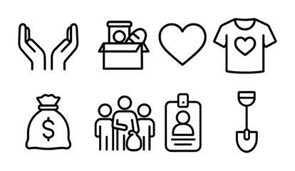 Charity and donation line icons set – outline, giving, volunteer symbols