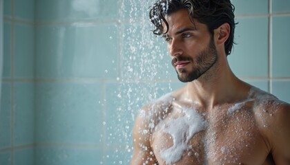 Handsome man takes shower. Guy covered soap foam. Water drops, wet body. Fresh, clean skincare, male hygiene, routine, wellness, well-being, care, home interior.