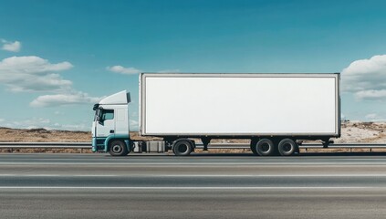 White semi-truck on highway, blank cargo area (1)