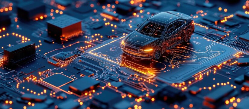 Futuristic car on a complex circuit board