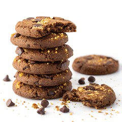 Stack of Chocolate Biscuits on White Background &ndash; Crispy Cocoa Cookies with Crumbs and Soft Lighting for Delicious Snack or Dessert Concept


