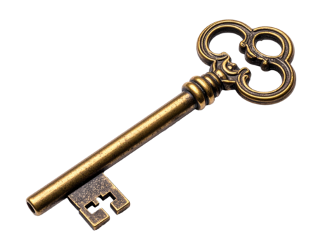 Single floating antique key, intricate metal detail, PNG
