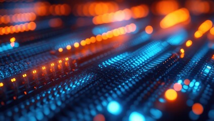 Abstract digital control panel with vibrant glowing blue and orange lights
