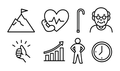 Retirement and senior care line icons set – outline, elder, healthcare symbols