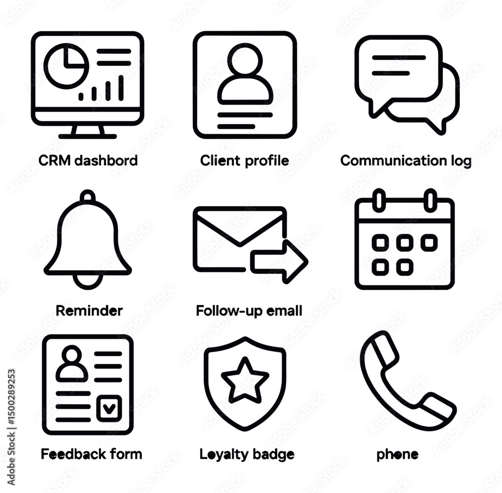Aufkleber crm icons grid. outline icon set of client relationship management: crm dashboard, client profile, c