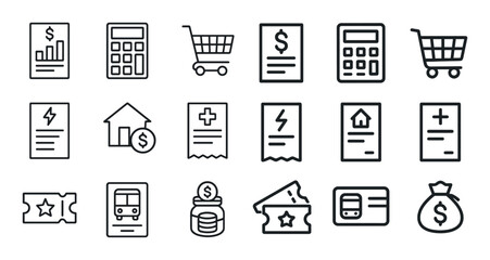 Finance and accounting outline icons set – line, budget, financial management symbols