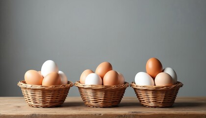 Three wicker baskets filled with eggs. Concept of investment diversification, risk management, financial security. Asset allocation, portfolio building, eggs in different baskets illustrate smart