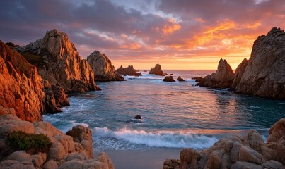 Coastal Rocks Ablaze in Sunsets Golden Embrace