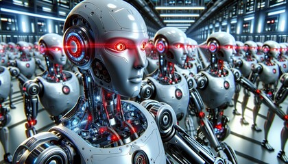 Fototapeta premium This is a futuristic scene of advanced robots in a high-tech facility, demonstrating the potential of artificial intelligence and robotics. 