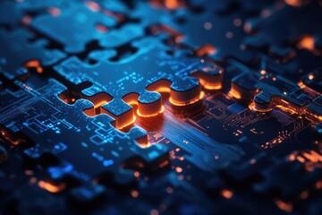 Close-up of glowing puzzle pieces on a circuit board