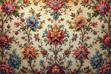 Intricate floral damask textile, faded elegance, paisley, antique, worn