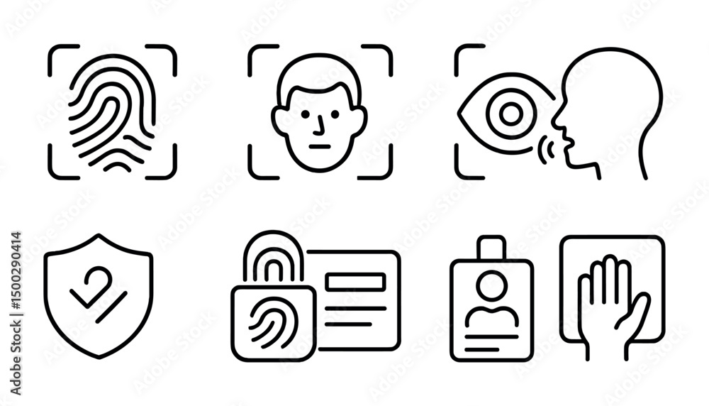 Poster biometric security icons featuring fingerprint and facial recognition elements
