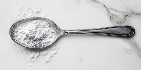 Flour in a vintage spoon on marble