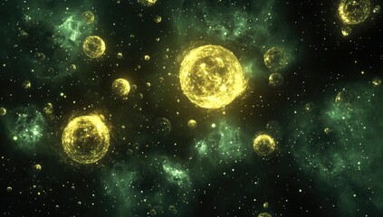 Golden orbs in a deep space nebula of emerald green