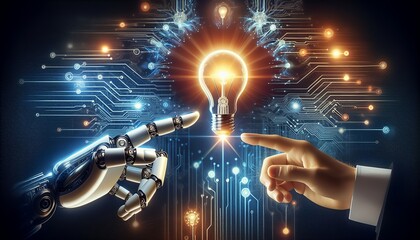 Obraz premium This is a symbolic representation of the meeting of technology and humanity, showcasing innovation and progress. 