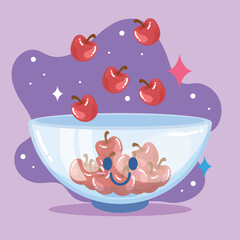 Bowl of cherries with faces. Vector