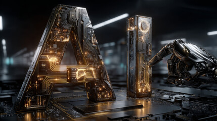 AI logo. Abstract technology conceptual background with AI letters. AI text consist at pcb, electronic signals, text of code programs, computer languages. Artificial intelligence programming, coding.