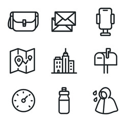 Cycle Messenger Essentials. Outline icon set of bike-sharing stations: docking point, payment kiosk, shared bike, QR code scan,