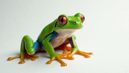 Naklejka premium Green tree frog, perched on white, vibrant skin, frog, bright, glossy