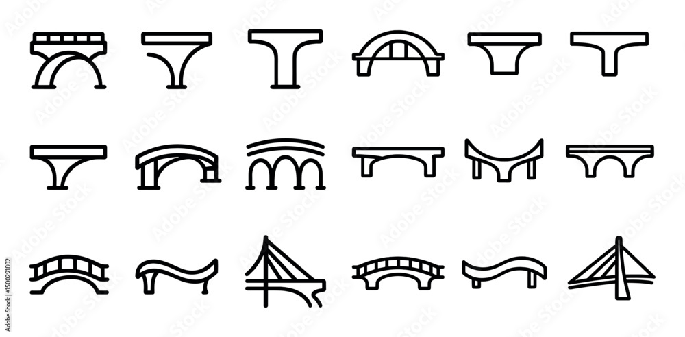 Poster bridge outline icons set – linear, silhouette, architecture and infrastructure symbols
