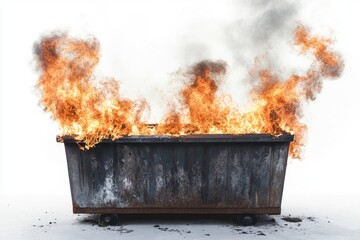 A dumpster engulfed in flames against a white background