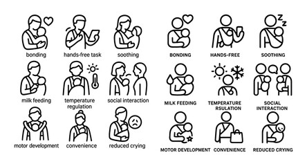 Parenting and baby care outline icons set – linear, nurturing, childcare symbols