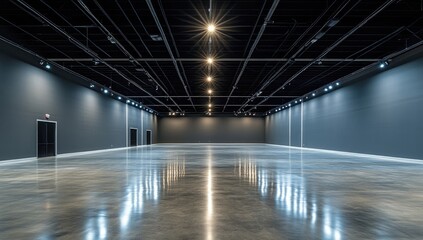 Empty modern event space with dark gray walls, polished concrete floor, and recessed lighting