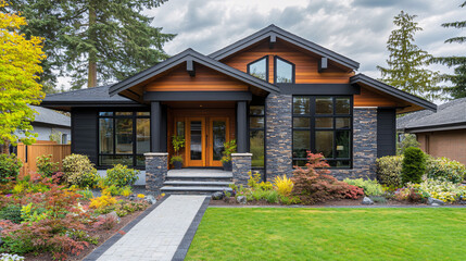 Charming Small One-Story American Starter Home with Front Lawn Driveway and Gable Roof in a Peaceful Suburban Neighborhood