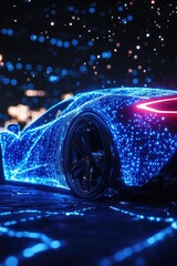 Futuristic sports car outlined by glowing blue particles against a dark night cityscape