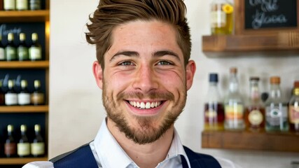 Smiling Bartender Portrait: A friendly bartender radiates warmth and expertise. The image captures the essence of hospitality and professional mixology. 