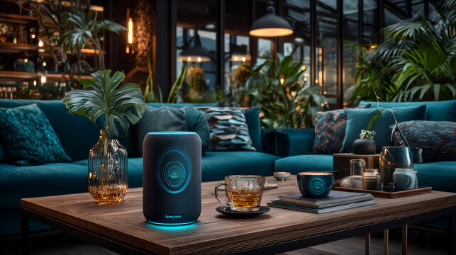 Voice controls for smart home system. Voice range similar to a house key. The system personalization of smart home. Control your smart home with smart speaker that recognizes voice commands.