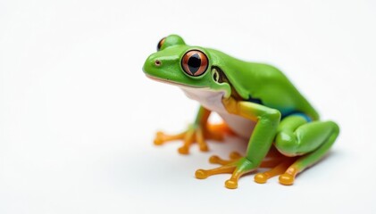 Green tree frog perched on white, vibrant skin, wildlife photography, wildlife, bright