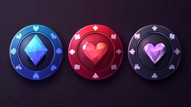 Vector set of 3 poker chips icons with spades, hearts, diamonds, and clubs.