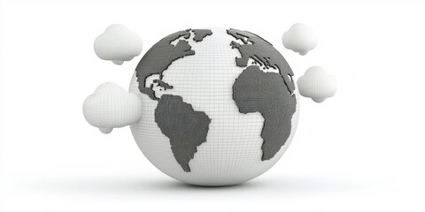 A stylized globe with grid lines and clouds floating around it on a white background.