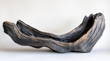 Dark, sculpted wood piece; organic, flowing form