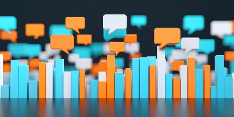 Colorful speech bubbles and bar charts symbolize communication, data analysis, and social interaction in a digital landscape.