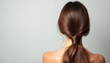 Naklejka premium Woman with long shiny brown hair tied in ponytail against grey background. Haircare inspiration, deep conditioning treatment. Ideal for hair salon advertisement, beauty product promotion. Healthy