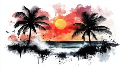 Watercolor sunset beach scene with palm trees and ocean waves (1)