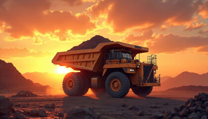 Mining truck unloads ore at sunset. Heavy vehicle transports minerals in quarry. Industrial scene power, energy, construction, excavation, resource extraction. Work in progress against backdrop of