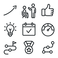 Development Icon Set. Outline icon set of ongoing development & feedback: growth arrow, coaching icon, feedback thumbs-up,