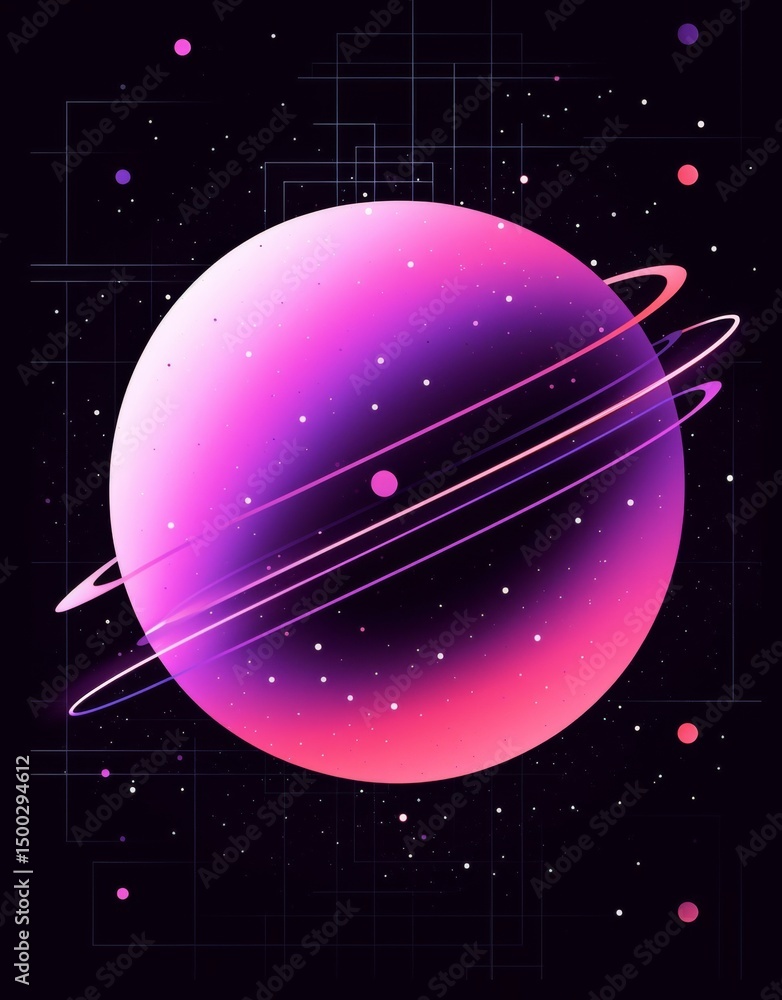 Poster rounded pink sphere and surrounding dots and circles, vector art style with gradient black backgroun